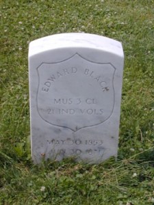 Edward is buried next to his twin brother who died less than one year after birth. Both gravestones sit next to an obelisk upon which is inscribed “Drummer Boy of the 21st Ind. Regt. at the age of 8 Yrs. 6M. The Youngest Soldier of the Rebellion.”