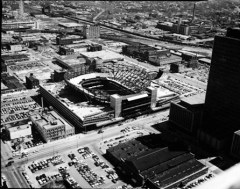 Market Square Arena under construction in 1973, taken from the Indiana National Bank Building (now the One Indiana Plaza).