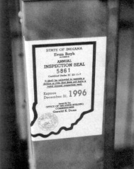 The 1996 Indiana inspection seal certifying the ride was safe.
