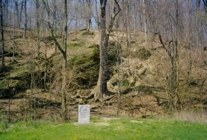 Prophet’s Rock, north of Lafayette, Indiana, where Tenskwatawa was during the Battle of Tippecanoe. The stone reads “Where the Prophet sat and sang to encourage the Indianas in the Battle of Nov. 7, 1811”  [Click for a larger picture]