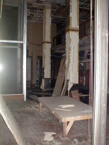 sheraton10large The severely deteriorated lobby of the Sheraton Gary today. Chandeliers still hang from the ceiling.