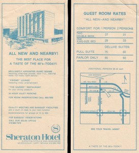 The original brochure for the Sheraton Gary. Single occupancy double bed rooms were only $27 in 1978 - still unaffordable for many local residents. [Click for a larger picture]